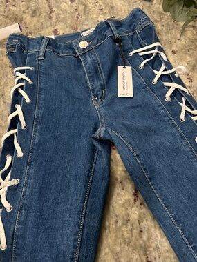 Rue21 Blue Skinny Jeans with White Lace-Up Sides